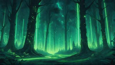 The primary subject of the image is a forest with a pathway leading through it. The setting is a dark, green, and foggy environment, creating a mysterious and eerie atmosphere. The visual style is a digital art or illustration, with the trees and pathway being depicted in a detailed and artistic manner. The colors and mood are predominantly dark and green, with the green lighting adding to the overall ambiance.