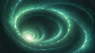 The primary subject of the image is a spiral-shaped structure, which appears to be a swirling, colorful, and abstract design. The setting is a dark, starry background, which adds to the overall mood of the image. The visual style is a combination of digital art and illustration, creating a unique and captivating scene. The colors and mood of the image are predominantly green, with a sense of depth and movement, giving the impression of a dynamic and vibrant space.