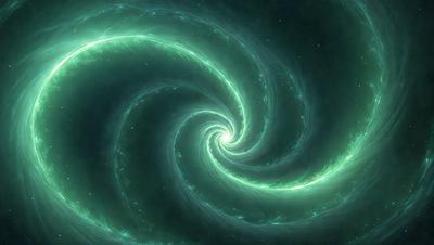The primary subject of the image is a spiral-shaped nebula, which is a swirling mass of gas and dust in space. The setting is a dark, starry sky, with the nebula being the main focus of the image. The visual style is a combination of photo and digital art, creating a striking and detailed representation of the spiral nebula. The colors and mood of the image are predominantly green, with the nebula's vibrant colors and the overall atmosphere being