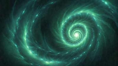 The primary subject of the image is a spiral pattern, which is the main object, scene, or focus of the image. The spiral pattern is set against a dark green background, creating a visually striking contrast. The visual style of the image is a combination of photo and digital art, as it appears to be a close-up of a spiral pattern with a vibrant green hue. The colors and mood of the image are predominantly green, with a sense of depth and intricacy in the spiral