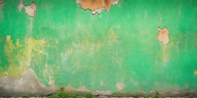 The primary subject of the image is a green wall with a peeling paint surface. The setting is an outdoor environment, possibly a building or a wall. The visual style is a photo, capturing the peeling paint and the green wall. The colors and mood of the image are predominantly green, with a slightly worn and aged appearance due to the peeling paint.