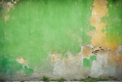 The primary subject of the image is a green wall with yellow and brown spots. The setting is an outdoor environment, with the wall being part of a building. The visual style is a photo, capturing the natural colors and textures of the wall. The dominant colors are green, yellow, and brown, creating a warm and earthy atmosphere.