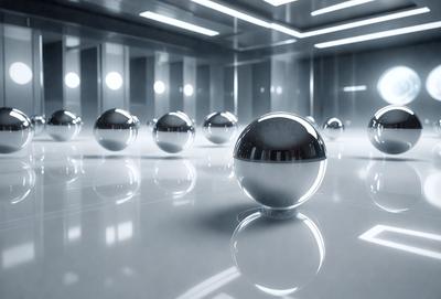 The primary subject of the image is a collection of silver orbs, which are spherical objects with a reflective surface. They are arranged in a visually appealing manner, creating an artistic display. The setting is a white, clean, and modern environment, which adds to the overall aesthetic of the scene. The visual style of the image is a combination of photo and digital art, as it captures the beauty of the orbs while maintaining a sense of depth and dimension. The colors and mood of the image