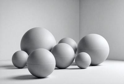 The primary subject of the image is a collection of white balls, which are arranged in various sizes and shapes. The setting is a white background, which provides a clean and minimalist appearance. The visual style is a combination of photo and digital art, as the balls are depicted in a realistic manner while the background is white and clean. The colors and mood of the image are predominantly white, giving it a calm and serene atmosphere.