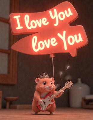 The primary subject of the image is a small toy mouse holding a guitar. The setting is a room with a backdrop of a wall. The visual style is a combination of digital art and illustration. The dominant colors are red and orange, creating a warm and lively atmosphere.