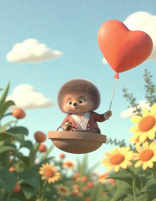 The primary subject of the image is a cartoon character, specifically a teddy bear, flying through the air while holding a heart-shaped balloon. The setting is a field filled with flowers, creating a vibrant and lively atmosphere. The visual style is a combination of digital art and illustration, giving the scene a whimsical and playful appearance. The dominant colors are shades of pink, orange, and yellow, which are associated with the heart-shaped balloon and the flowers in the field