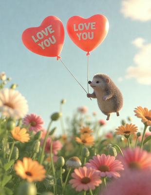 The primary subject of the image is a small, cute hedgehog balancing on a pink heart-shaped balloon. The setting is a field filled with colorful flowers, creating a vibrant and lively atmosphere. The visual style is a combination of digital art and illustration, giving the image a whimsical and playful appearance. The dominant colors are pink, white, and various shades of green, reflecting the hedgehog's natural habitat and the beauty of the flowers.