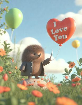 The primary subject of the image is a cute, anthropomorphic animal, possibly a hedgehog or a beaver, holding a heart-shaped balloon. The setting is a field with flowers, and the visual style appears to be a digital art or illustration. The colors are predominantly pastel shades, creating a warm and cheerful atmosphere.