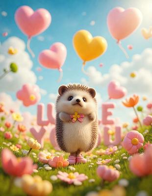 The primary subject of the image is a cute, cartoon-like hedgehog holding a flower. The setting is a field filled with colorful flowers, creating a vibrant and lively atmosphere. The visual style is a digital art or illustration, with the hedgehog and flowers being the main focus of the image. The colors and mood are bright, cheerful, and whimsical, with the hedgehog being the central character in the scene.