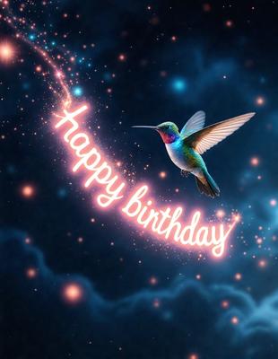 The primary subject of the image is a colorful bird, possibly a hummingbird, flying in the air. The bird is surrounded by a beautiful and vibrant background, which includes a blue sky and a cloudy sky. The visual style of the image is a combination of photo and digital art, creating a unique and eye-catching scene. The colors and mood of the image are lively and cheerful, as the bird's vibrant colors and the overall atmosphere of the scene convey a sense of happiness and celebr