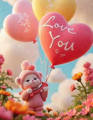 The primary subject of the image is a small stuffed animal, specifically a teddy bear, which is holding a heart-shaped balloon. The setting is a field with flowers, creating a pleasant and colorful environment. The visual style is a combination of digital art and illustration, giving the scene a whimsical and charming appearance. The colors are predominantly pink and red, which contribute to a warm and loving atmosphere.