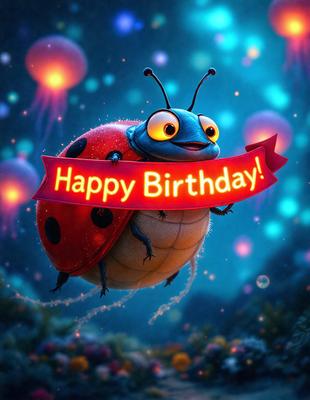The primary subject of the image is a cartoon ladybug holding a birthday banner. The setting is a colorful and whimsical environment, likely a children's book or a cartoon. The visual style is digital art, as the ladybug and the banner are both illustrated and animated. The colors and mood are bright, cheerful, and celebratory, with the ladybug and the banner both being predominantly red.
