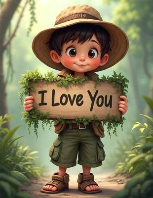 The primary subject of the image is a cartoon character, specifically a boy, holding a sign that reads "I Love You." The setting is a forest, with trees visible in the background. The visual style is a digital art or illustration, creating a whimsical and heartwarming atmosphere. The colors are predominantly green, with the boy's outfit and the sign, and the overall mood is one of love and affection.