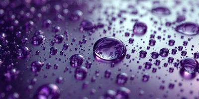 The primary subject of the image is a single drop of water, which is purple in color. The setting is a black background, which creates a striking contrast with the purple drop. The visual style is a close-up of the purple drop, emphasizing its unique color and texture. The colors and mood of the image are predominantly purple, giving it a calm and serene atmosphere.