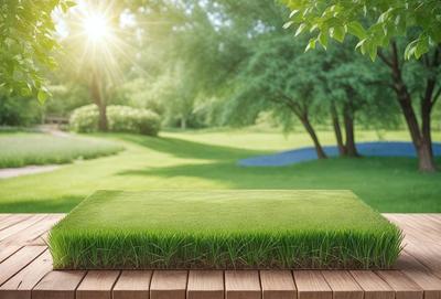The primary subject of the image is a green, grassy surface, which appears to be a lawn or a fake grass surface. The setting is a park or a garden, with trees in the background. The visual style is a photo, capturing the natural beauty of the grassy area. The colors are predominantly green, creating a calm and serene atmosphere.