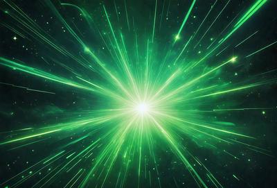 The primary subject of the image is a bright green light, which appears to be a neon light or a light source in a dark environment. The setting is a space with a backdrop of stars, creating a sense of depth and a celestial atmosphere. The visual style of the image is a combination of a photo and digital art, as it captures the vibrant colors and the dynamic light source. The colors and mood of the image are predominantly green, with a sense of energy and movement, as the light source