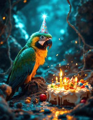 The primary subject of the image is a green parrot sitting on a rock next to a birthday cake. The parrot is wearing a birthday hat, and the cake has lit candles on it. The setting appears to be a dark, possibly underground environment, with a rocky surface. The visual style of the image is a combination of photo and digital art, creating a unique and creative scene. The colors and mood of the image are predominantly dark and mysterious, with the green parrot and