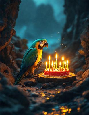 The primary subject of the image is a parrot sitting on a rock next to a birthday cake with lit candles. The setting is a cave-like environment, and the visual style appears to be a photo. The colors in the image are predominantly dark, with the lit candles providing a warm and inviting atmosphere.