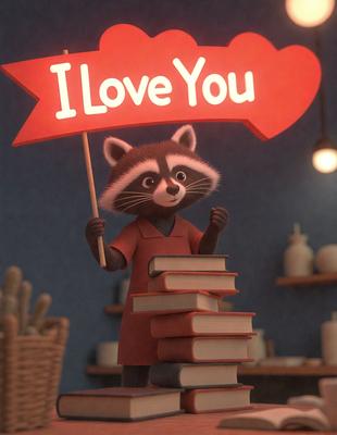 The primary subject of the image is a cartoon rocket holding a sign that reads "I Love You." The setting is a bookshelf, and the visual style is digital art. The dominant colors are red and white, and the overall atmosphere is playful and heartfelt.