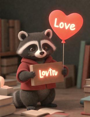 The primary subject of the image is a cartoon raccoon holding a heart-shaped balloon with the word "love" written on it. The setting is a room with a bookshelf in the background, and the visual style appears to be a digital art or illustration. The colors and mood of the image are warm and inviting, with the heart-shaped balloon and the word "love" creating a sense of affection and positivity.