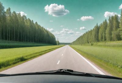 The primary subject of the image is a road with a green field on either side. The road is lined with trees, creating a scenic and peaceful atmosphere. The visual style of the image is a photo, capturing the natural beauty of the landscape. The colors and mood of the image are predominantly green, with the grass and trees providing a serene and calming environment.
