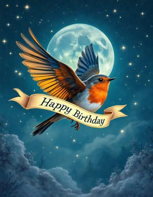 The primary subject of the image is a bird, specifically a robin, which is the main focus of the image. The bird is perched on a branch and appears to be looking up at the moon. The setting is a nighttime scene with a dark sky, and the visual style is a digital art illustration. The colors in the image are predominantly dark, with the robin being the main source of color, and the overall atmosphere is serene and peaceful.