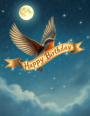 Primary subject: A bird with a birthday sign.

Setting/background: The bird is flying in the night sky, with a moon visible in the background.

Visual style: The image is a digital art illustration.

Colors and mood: The image has a warm and cozy atmosphere, with the bird and the birthday sign being the main focus.