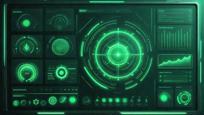 The primary subject of the image is a computer screen with a green background. The screen displays a variety of buttons and controls, giving the impression of a futuristic or high-tech environment. The visual style of the image is digital art, as it appears to be a computer-generated or digitally created scene. The colors and mood of the image are predominantly green, giving it a modern and sleek appearance.