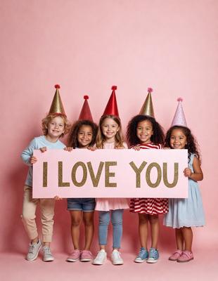 The image features a group of five children, each wearing a party hat, standing together and holding a pink sign that reads "I Love You." The children are positioned in a way that they appear to be a part of a team or a group. The scene is set against a pink background, which adds to the festive atmosphere. The visual style of the image is a combination of photo and digital art, creating a vibrant and lively scene. The colors and mood of the image are predominantly pink