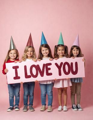 The image features a group of five young girls wearing party hats and holding a large pink sign that reads "I Love You." They are all smiling and appear to be enjoying the moment. The girls are standing close to each other, creating a sense of unity and friendship. The scene is set in a room with a pink background, which adds to the cheerful and celebratory atmosphere.