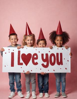 The primary subject of the image is a group of four children wearing red hats and holding a large sign that says "I Love You." They are all smiling and appear to be enjoying the moment. The setting is a pink background, which adds a warm and cheerful atmosphere to the scene. The visual style is a photo, capturing the children's expressions and the sign they are holding. The colors and mood of the image are predominantly warm and positive, with the red hats and the "I Love
