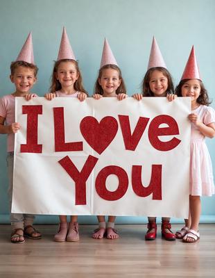 The primary subject of the image is a group of children wearing party hats and holding a large sign that reads "I Love You." The setting is indoors, with the children standing in front of a wall. The visual style appears to be a photo, capturing the children's joyful expressions and the festive atmosphere. The colors in the image are predominantly red and pink, which are associated with love and celebration. The overall mood of the image is cheerful and heartwarming.