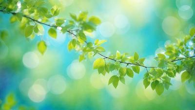 The primary subject of the image is a close-up of a leafy green tree branch. The setting is a bright, sunny day with a blue sky in the background. The visual style is a natural, outdoor scene. The dominant colors are green and blue, creating a serene and peaceful atmosphere.