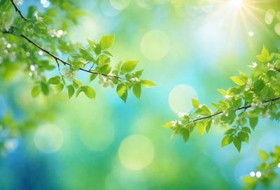 The primary subject of the image is a close-up of a leafy green tree branch with a few white flowers. The setting is a bright, sunny day, and the visual style is a natural, outdoor scene. The colors are predominantly green and white, creating a serene and peaceful atmosphere.
