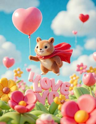 The primary subject of the image is a stuffed animal, specifically a teddy bear, which is holding a pink balloon. The setting is a field filled with pink flowers, creating a vibrant and cheerful atmosphere. The visual style is a digital art, illustration, or drawing, with the teddy bear and balloon being the main focus of the image. The colors and mood are predominantly pink, which adds a sense of warmth and happiness to the scene.