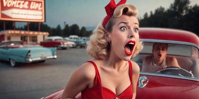 The primary subject of the image is a woman wearing a red dress and a red bow in her hair. She is making a surprised or shocked expression, with her mouth open. The setting is a parking lot filled with various cars, including a red car in the foreground. The visual style appears to be a photo, capturing the woman's reaction to something unexpected. The colors in the image are predominantly red, which adds to the woman's surprised expression.