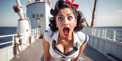 The primary subject of the image is a woman wearing a sailor's outfit, with a red bow in her hair. She is making a funny face and appears to be yelling. The setting is a boat, with the woman standing on the deck. The visual style is a black and white photo, which adds a classic and timeless feel to the image. The colors and mood are playful and lighthearted, as the woman's facial expression and the overall scene create a sense of fun and amusement