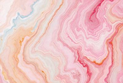 The primary subject of the image is a close-up of a pink and white marbled surface. The setting is a patterned wall, and the visual style is a combination of digital art and illustration. The dominant colors are pink and white, creating a warm and inviting atmosphere.
