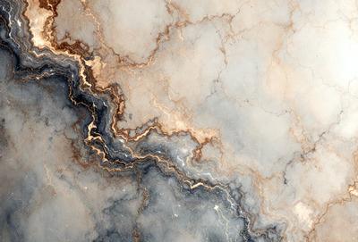 The primary subject of the image is a marble surface with a blue and gold pattern. The setting is a stone wall, and the visual style is a close-up of the marble pattern. The colors and mood of the image are predominantly blue and gold, creating a sense of elegance and sophistication.
