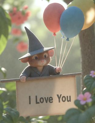 The primary subject of the image is a small mouse character wearing a wizard's hat and holding balloons. The setting is a forest with flowers and trees in the background. The visual style is a combination of digital art and illustration, creating a whimsical and playful atmosphere. The dominant colors are shades of pink and purple, which are associated with love and affection.