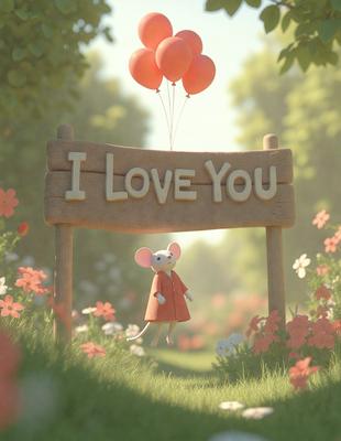 The primary subject of the image is a small mouse figurine, which is standing in front of a sign that reads "I Love You." The setting is a garden, with a variety of flowers surrounding the mouse and the sign. The visual style is a combination of digital art and illustration, creating a whimsical and charming atmosphere. The colors are predominantly pastel shades, which contribute to the overall mood of the scene.