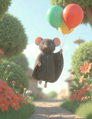 The primary subject of the image is a cartoon mouse wearing a coat and holding onto a balloon. The mouse is flying through the air, creating a whimsical and playful scene. The setting is an outdoor environment with a path and a building in the background. The visual style is a digital art or illustration, giving the image a vibrant and lively appearance. The colors and mood are predominantly bright and cheerful, with the mouse's coat and the balloon adding a touch of