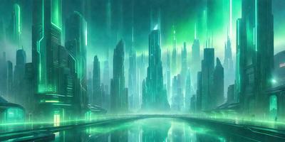 The primary subject of the image is a futuristic cityscape with a large number of skyscrapers. The setting is a city with a river running through it, and the visual style is a digital art or illustration. The colors and mood of the image are predominantly green, giving it a serene and futuristic atmosphere.