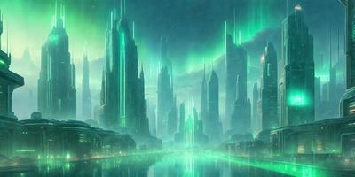 The primary subject of the image is a futuristic cityscape with a large number of skyscrapers. The setting is a city with a large body of water, possibly a river, running through it. The visual style is a digital art or illustration, creating a vibrant and colorful atmosphere. The dominant colors are green, blue, and purple, giving the scene a lively and imaginative feel.