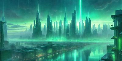 The primary subject of the image is a futuristic cityscape with a large number of skyscrapers. The setting is a city with a large body of water, possibly a river, in the foreground. The visual style is a digital art or illustration, creating a vibrant and colorful atmosphere. The colors and mood are predominantly green, with a hint of blue, giving the scene a lively and dynamic feel.