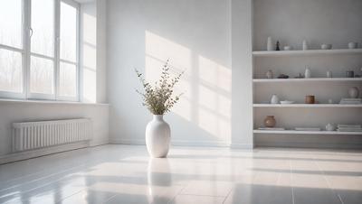 The primary subject of the image is a white vase with a flower in it, placed on a white tile floor. The setting is a room with a white wall and a window. The visual style is a photo, and the colors and mood are predominantly white, creating a clean and minimalist atmosphere.