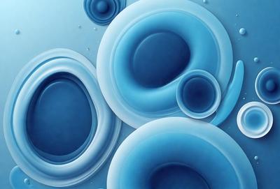 The primary subject of the image is a blue and white painting of a series of round, blue, and white shapes. The setting is a blue background, and the visual style appears to be a digital art or illustration. The dominant colors are blue and white, creating a calm and serene atmosphere.