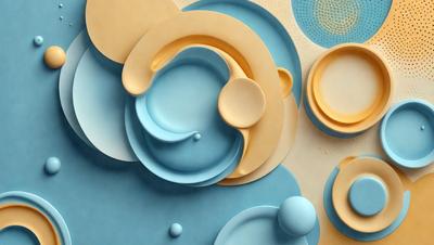 The primary subject of the image is a collection of variously shaped plates, bowls, and cups. These items are displayed on a blue surface, which adds a vibrant and lively atmosphere to the scene. The visual style of the image is a combination of photo and digital art, creating a unique and eye-catching presentation. The colors and mood of the image are predominantly blue, which gives the scene a calm and soothing ambiance.