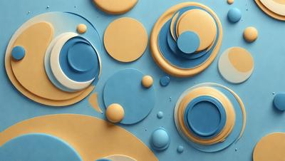 The primary subject of the image is a collection of variously shaped and colored circles. These circles are arranged in a visually appealing manner, creating a sense of depth and dimension. The setting is a blue background, which provides a contrasting and complementary color to the circles. The visual style of the image is a combination of digital art and illustration, as the circles are carefully crafted and placed to create a cohesive and harmonious design. The dominant colors in the image are blue and yellow, which add a sense