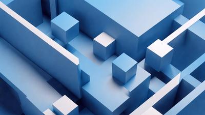 The primary subject of the image is a blue and white geometric pattern. The setting is a blue background, and the visual style is digital art. The dominant colors are blue and white, creating a calm and soothing atmosphere.